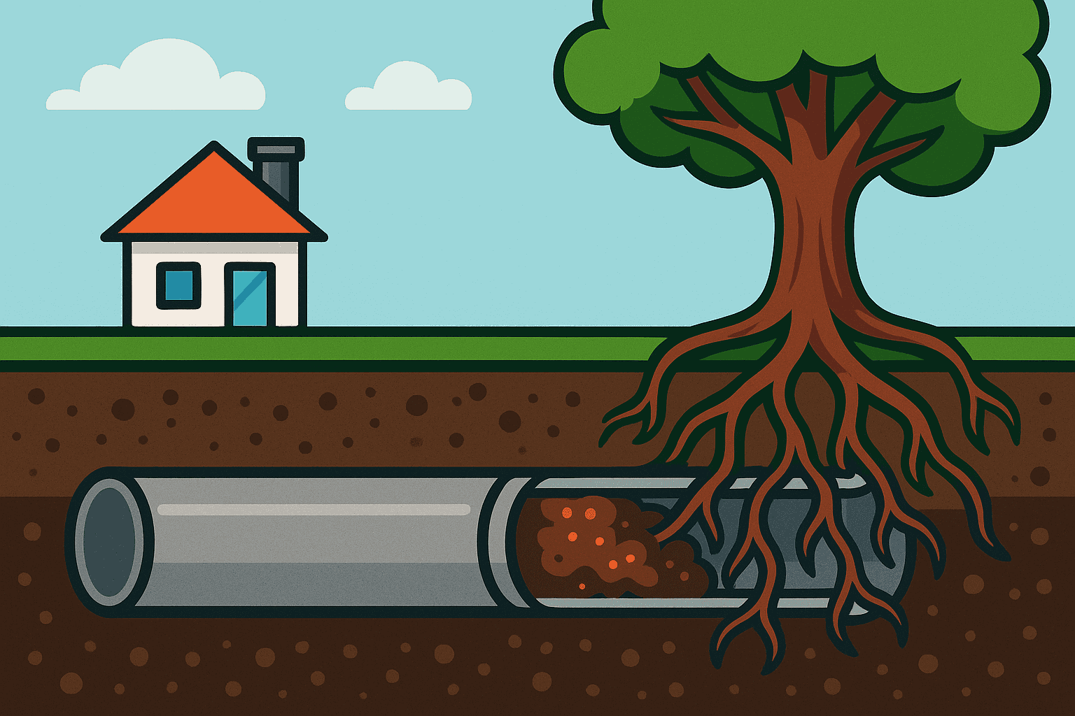Diagram of tree roots causing blockage in a home’s underground sewer line