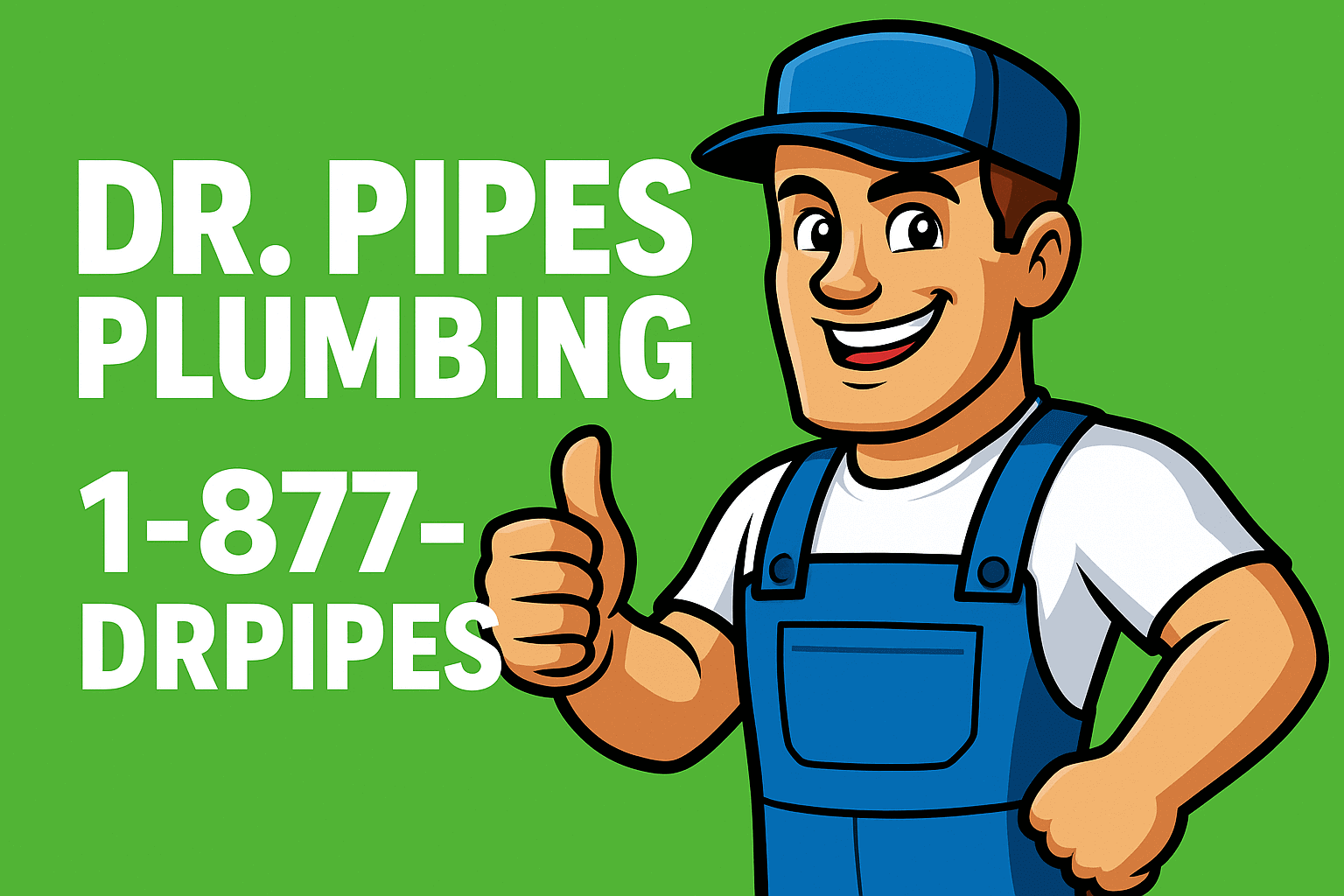 Cartoon plumber giving thumbs-up with Dr. Pipes Plumbing contact info