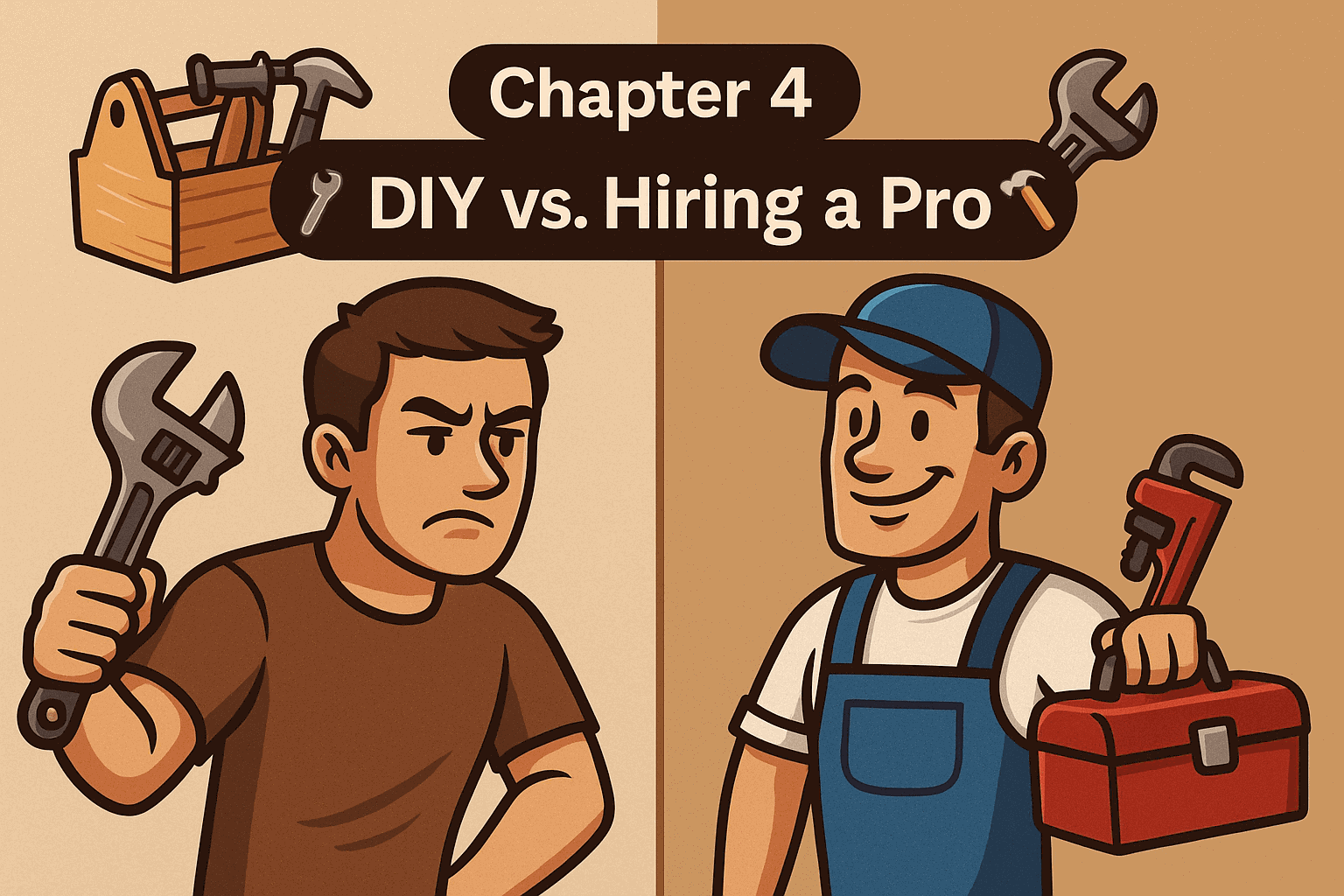 Visual comparison of simple DIY plumbing fixes vs. situations that need a licensed plumber