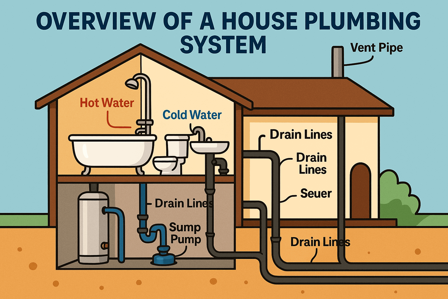 Illustration of a typical residential plumbing system showing supply and drain sides